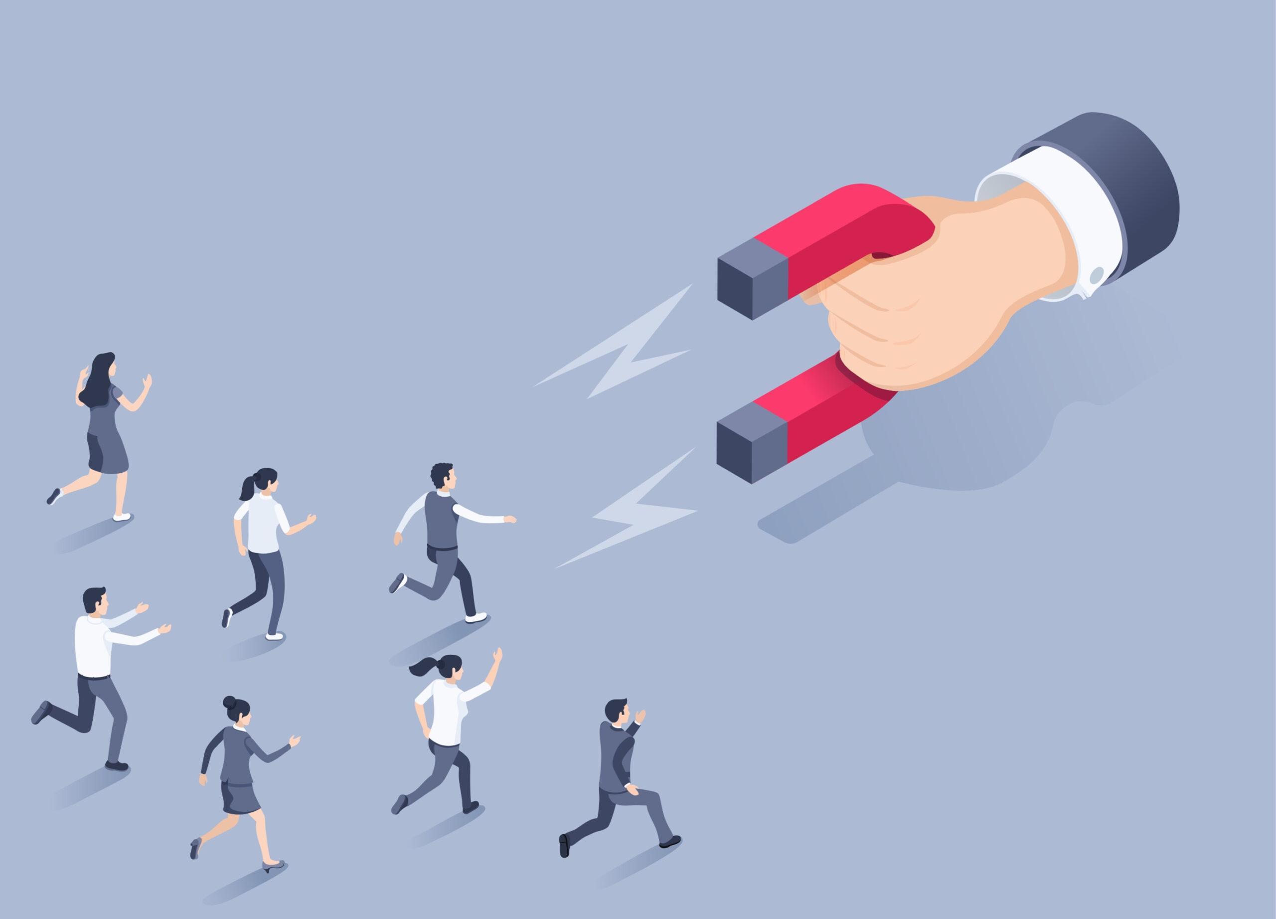 A concept of client acquistion through a hand holding a magnet attracting customers